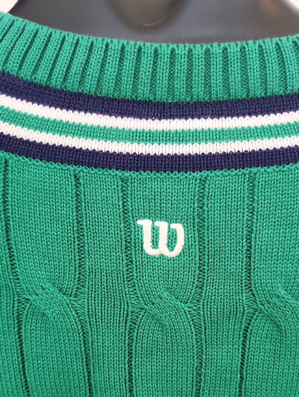 Wilson Green V-Neck Cable Knit Sweater with Striped Trim, Girls Xl 14/16 - Picture 7 of 8